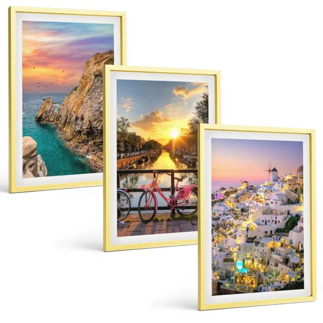 Coloray 3-Delige Schilderij Set - Pastelkleurige Stenen Structuren Van Wit Marmer - 40 x 60 cm - Muurdecoratie - Decoratieve Schilderijen - Wohnzimmer - Moderne Wanddecoratie Gouden lijst