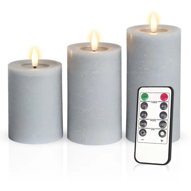 Meisterhome 3 x Led Stompkaars - Fluweelgrijs – Stompkaars Echte wax - Led kaarsen - 10 / 12.5 / 15 cm Hoog - Met afstandsbediening – Timer 2/4/6/8 uur – Dimbaar
