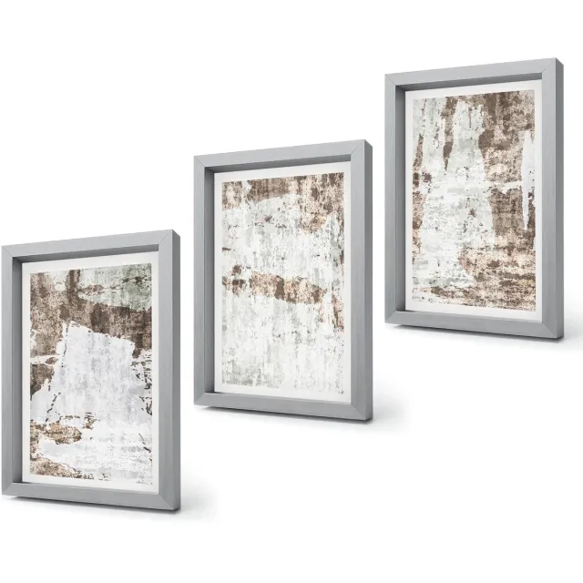 Coloray 4-Delige Schilderij Set - Abstracte patronen in tinten wit en bruin. - 20 x 30 cm - Wanddecoratie - Schilderijen Set - Interieur - Moderne Wanddecoratie Zilveren lijst