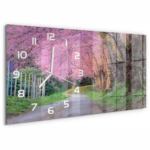 TULUP Wandklok - Kersenbloesem Klok Glas Met Opdruk - 60x30 cm - Roze Moderne Wandklok Glas - Witte handen - Rechthoekige Klok - Decoratieve Glazen Klok - Glazen Wandklok Design