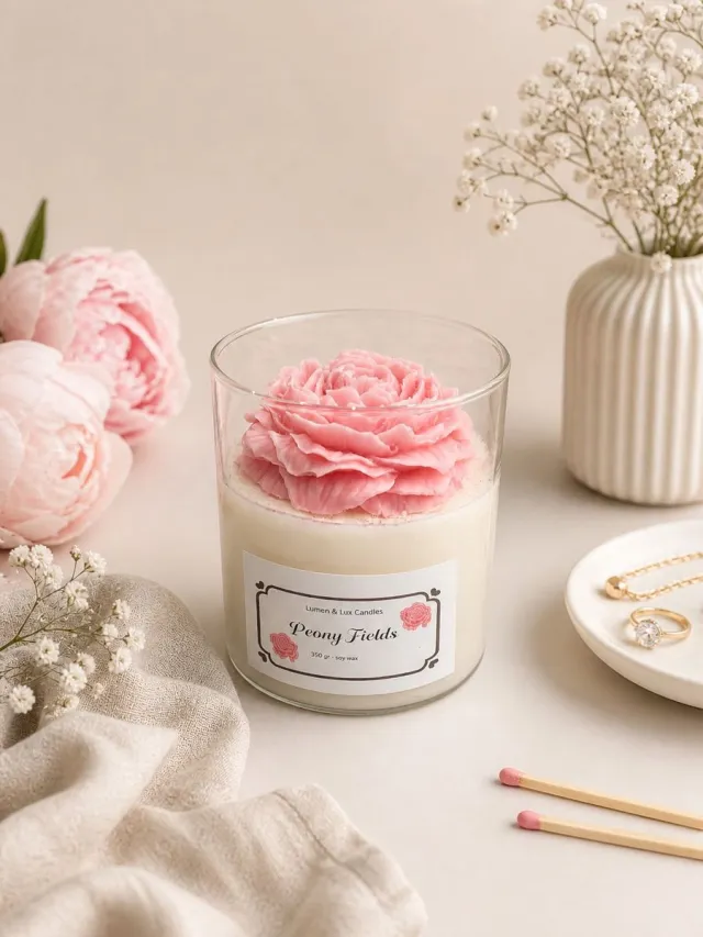Lumen and Lux Candles Luxe Geurkaars met Pioenroos – Handgemaakt | Stijlvolle Glazen Pot met Houten Deksel - Moederdag Ivoor, Roos