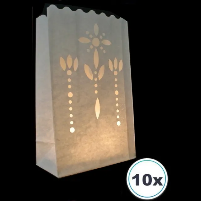 Volanterna 10x Candle Bags BLOEMETJES – Hoogte 26 cm – Bodem 16x9 cm – Lichtzakken – Brandvertragend Papier – Voor Tuin, Feest, Herdenking, Decoratie – Candlebag wit