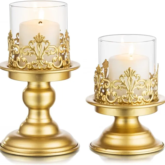 longziming Windlichthouder van metaal – Kaarsenhouders – Vintage Metalen Windlichten voor Stompkaarsen – Matte Gouden Tafelkandelaars met Cilinder – Decoratie voor Woonkamer en Bruiloft - 2 stuks