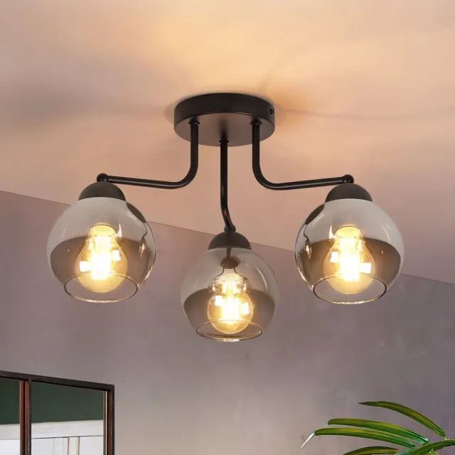 NETTLIFE Plafondlamp E27 - Glas - 3 Lichts - rookgrijs - Vintage Woonkamerlamp - in rookgrijs glazen bol - voor Keuken | Gang | Slaapkamer - MAX.25W-excl. lichtbron zwart,grijs