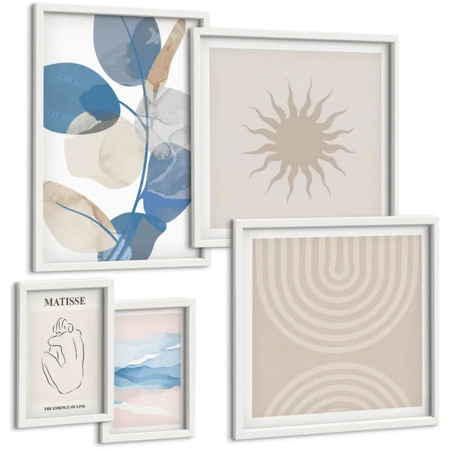 Coloray 5-Delige Schilderij Set - Stijlvolle Abstracte Composities Met Plantenaccenten - 50 x 50 cm, 20 x 30 cm En 40 x 60 cm - Stijlvolle Muurdecoratie - Slaapkamer - Wanddecoratie Witte lijst