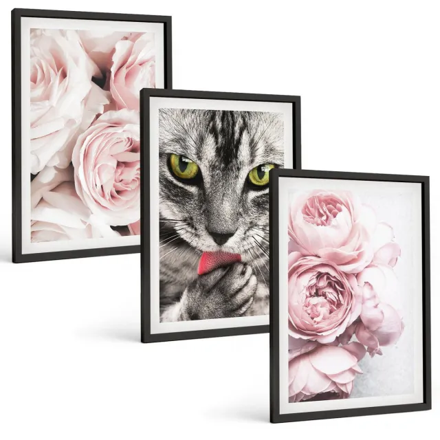 TULUP 4-Delige Schilderij Set - Kat tussen roze rozen en pioenrozen - 40 x 60 cm - Muurdecoratie - Schilderijen Set - Woonkamer - Decoratieve Schilderijen Zwarte lijst