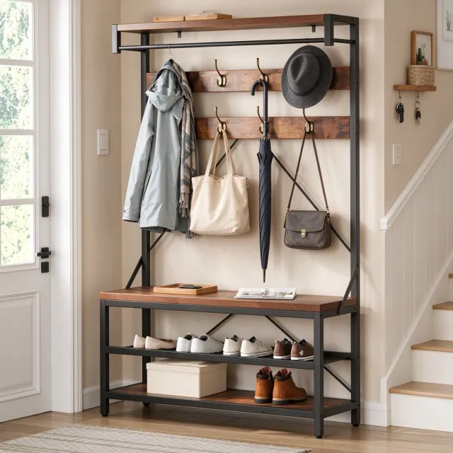 Danky Staande Kapstok 4‑in‑1 met Bank - Garderoberek - Schoenenrek - 8 Haken - Bovenste Plank & Kleedstang - Multifunctioneel Halmeubel - Industrieel Rustiek Design - Metalen Frame - Bruin Zwart