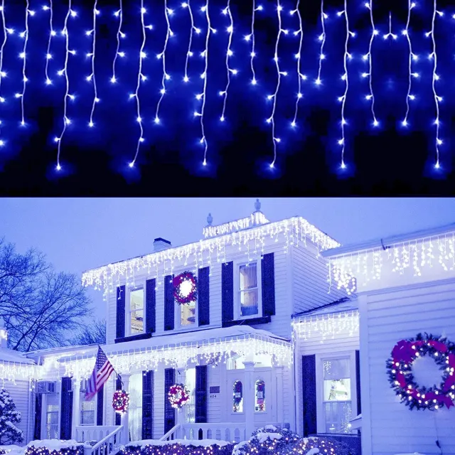 Flintry Blauwe ijspegelverlichting voor buiten – 4 x 0,6 m kerstverlichting met hangende strengen en 8 lichtstanden; waterdichte gordijnverlichting voor feestdagen, bruiloften, feesten, huis, tuin, slaapkamer en decoratie binnen en buiten.