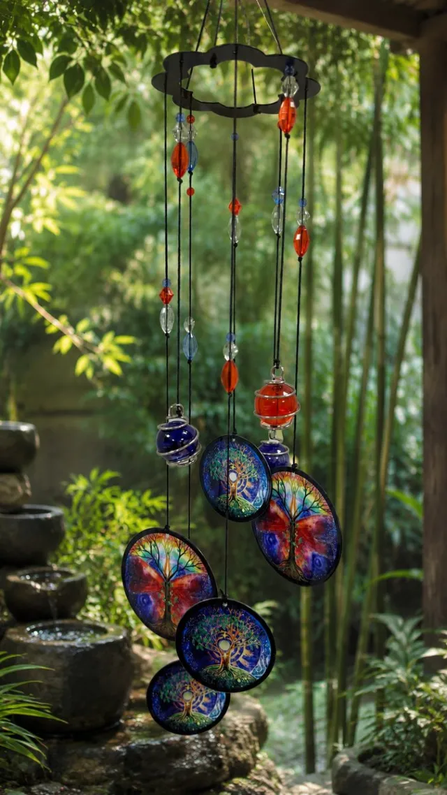 Nature's Melody Nature’s Melody Tree of Life Metalen Windgong 17 inch – Decoratieve Wind Chime met Glazen Accenten – Tuin, Balkon- en Wanddecoratie Kleurrijk