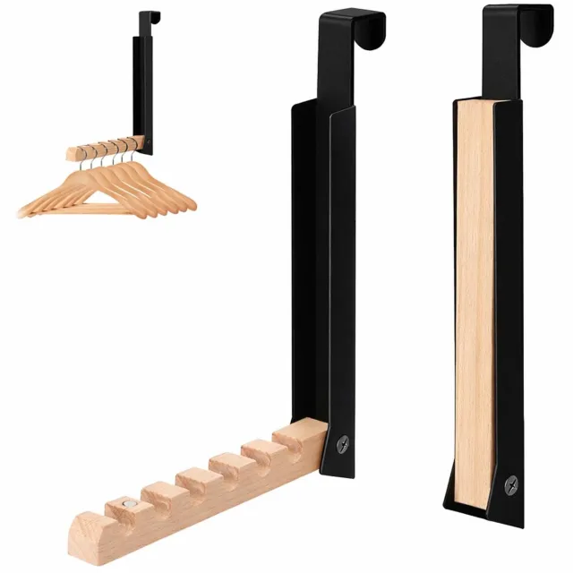 Ryoudavell Opvouwbare Deurhaken - 2 Stuks - Deurkapstok - Deurhaken voor Kleding – Hangende Kledinghanger voor Deur & Kastdeur (tot 2 cm) – Metaal & Hout – Opvouwbare wandhaken - voor Kleding en Accessoires - 6 Hangers per Haak – Zonder Boren Zwart
