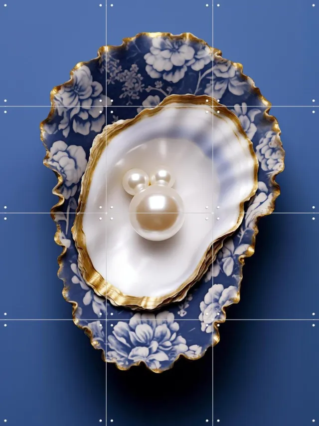 IXXI Delft Blue Flower Pattern Oyster with Gold and Pearls, OTTI - 60 x 80 cm - Grote wanddecoratie en posters - Klassiek, Woonkamer, Slaapkamer Goud / Blauw