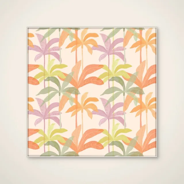 HelloWalls Akoestisch schilderij - 80 x 80 cm - Colorful Palm Trees van Kristian Gallagher - Botanische wanddecoratie - wit textielframe Meerkleurig