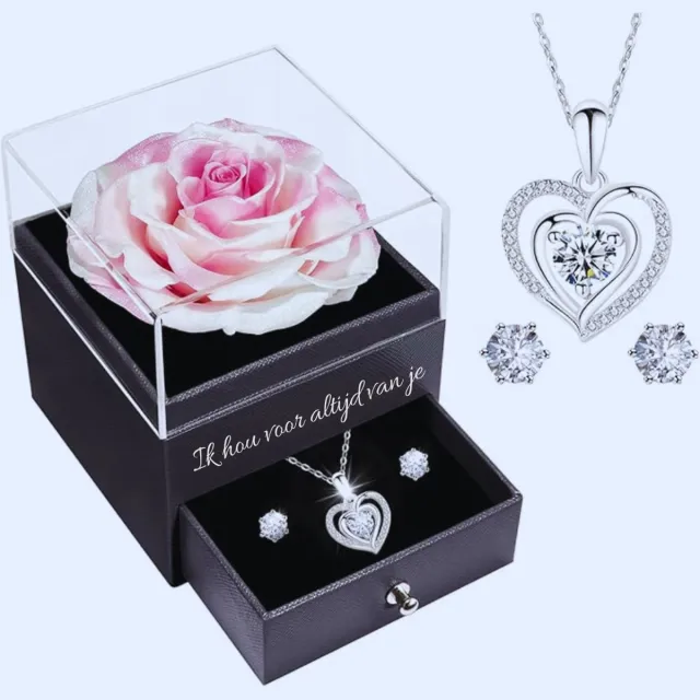 PEAM Ti Amo per Sempre: Eeuwige Roos Met Splitter Halsketting En Oorstekers - Perfect Cadeau Voor Verjaardag - Jubileum - Bruiloft of Valentijnsdag ROSE