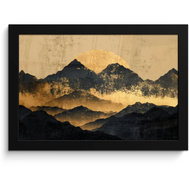 FrameYourWall Poster in lijst - Fotolijst 30x20 cm - Posters - Gouden Bergen bij Maanlicht - Posterlijst zwart - Decoratie - Wanddecoratie woonkamer - Muurdecoratie slaapkamer Bergen - Goud - Schilderij