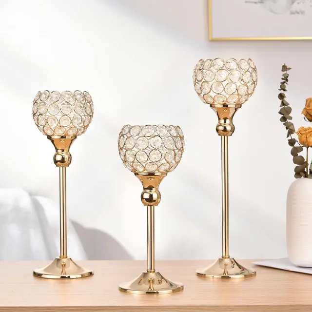 Ibenzoa Set van drie elegante kristallen kandelaars voor sfeervolle decoratie Goud