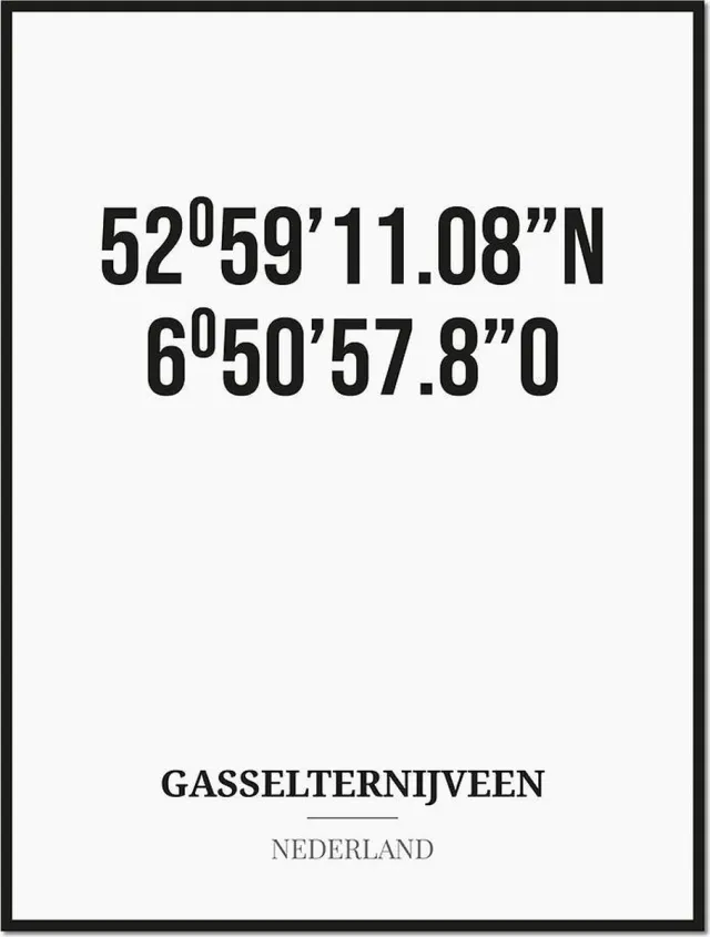 Studio216 Poster/kaart GASSELTERNIJVEEN met coördinaten zwart, wit