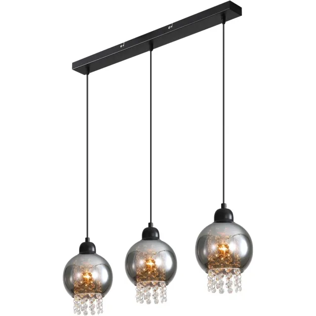Glitzerlife Hanglampen - 3xE27 - Vintage design - Hoogte verstelbaar - Rauchgrijs glas - Ø65cm - Zwart ijzer - Kristal decoratie - Hanglampen eetkamer woonkamer slaapkamer Diep Zwart