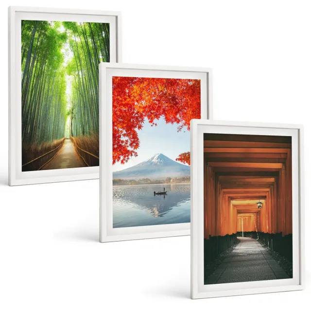 Coloray 3-Delige Schilderij Set - Bamboebos, Mount Fuji, Torii-Pad, Landschappen Van Japan - 40 x 60 - Wanddecoratie - Woonkamer Decoratie witte lijst