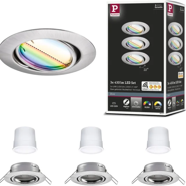 Paulmann LED-inbouwlamp Smart Home Zigbee 3.0 Base Coin Basisset zwenkbaar rond 90 mm 20° Coin 3x4,9W 3x420lm 230V dimbaar RGBW+ Staal geborsteld