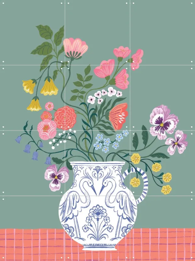 IXXI Flower Vase, Bethan Janine - 60 x 80 cm - Grote wanddecoratie en posters - Speels, Illustraties, Kleurrijk, Fantasierijk, Eetkamer, Woonkamer Roze