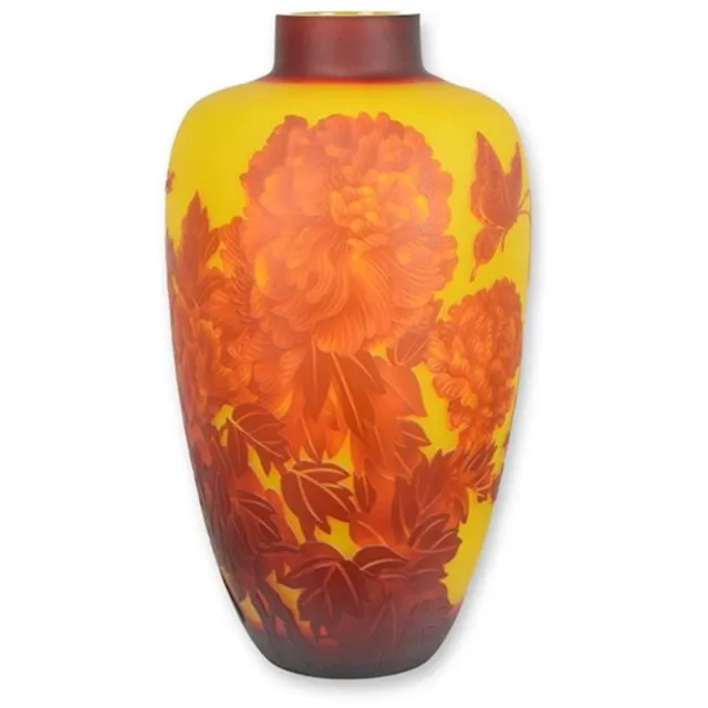 VntiQue Cameo Vaas - Dahlia - Cameo Glazen Vaas - Glas Decoratie - Tafeldecoratie - Bloemenvaas - Tafelvaas - 22x22x39 Geel