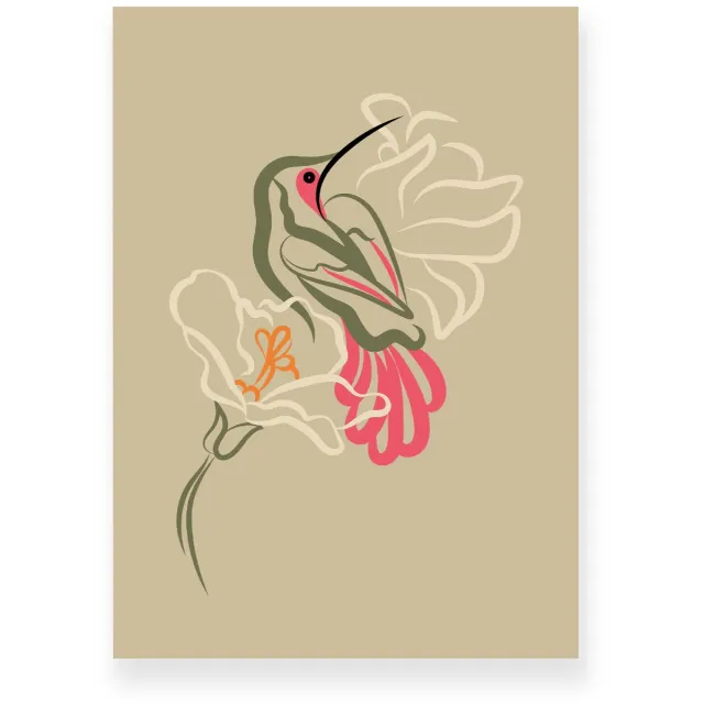 Yisual Aluminium plaat 20x30 cm - Poster - Kolibrie - Vogel - Bloemen - Beige - Roze - Minimalistisch - Botanisch - Muurdecoratie - Wanddecoratie