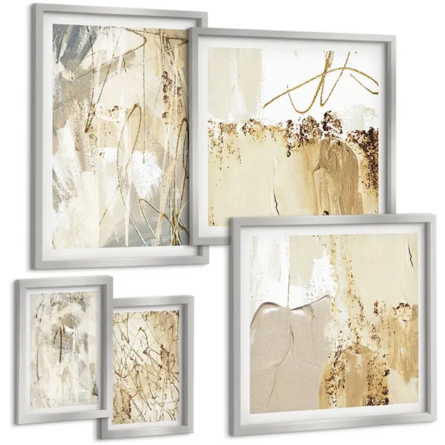 TULUP 4-Delige Schilderij Set - Abstracte composities in een moderne en minimalistische stijl. - 50 x 50 cm, 20 x 30 cm en 40 x 60 cm - Muurdecoratie - Decoratieve Schilderijen - Wohnzimmer - Woonkamer Decoratie Zilveren lijst