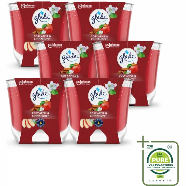 6 x Glade - Geurkaars Appel Kaneel - 100% Raapzaadwas - 204 g - Grootverpakking - Vaatwasstrips - Geurkaars - Warme Geur - Gezelligheid - Vegan - Natuurlijke Geur rood
