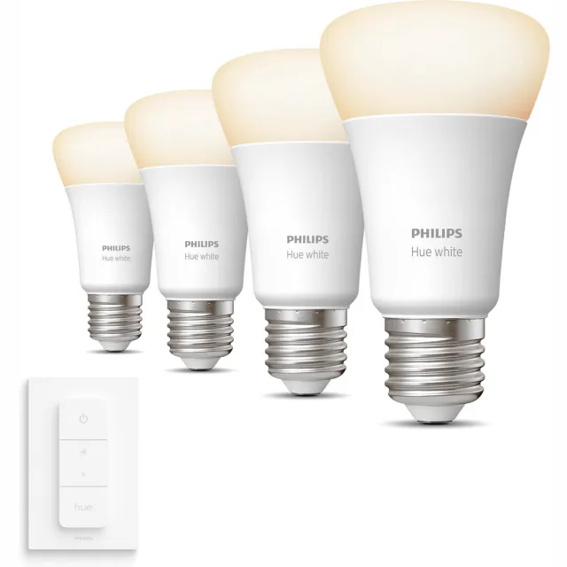 Philips Hue Uitbreidingspakket - E27 - met 4 Standaard Lampen - Warmwit Licht - Incl. 1 Hue Dimmer Switch - Hue White