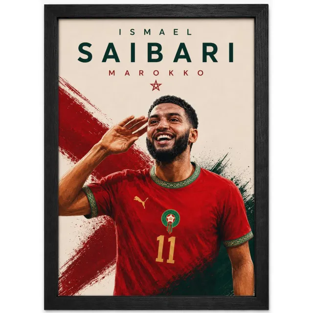 Joshimo Ismael Saibari Poster | Marokko Art Print | Voetbal Illustratie | Inclusief Zwarte A4 Lijst