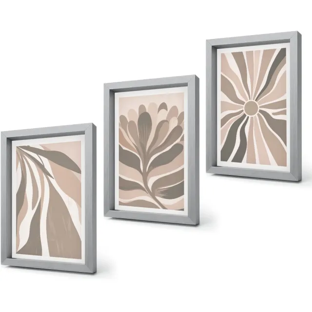 Coloray 4-Delige Schilderij Set - Abstracte plantpatronen in beige en bruine tinten. - 20 x 30 cm - Wanddecoratie - Muurdecoratie - Moderne Interieurdecoratie - Moderne Wanddecoratie Zilveren lijst