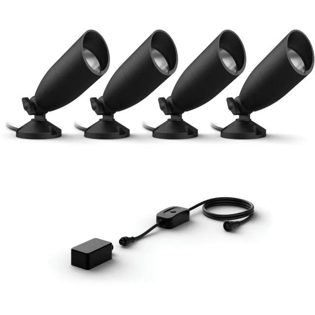 WiZ Tuinspot Basisset met 4 Tuinspots (Zwart) - Wit en Gekleurd Licht - Incl. Voedingskabel - Tuinverlichting - Slimme LED Verlichting - WiFi Antraciet
