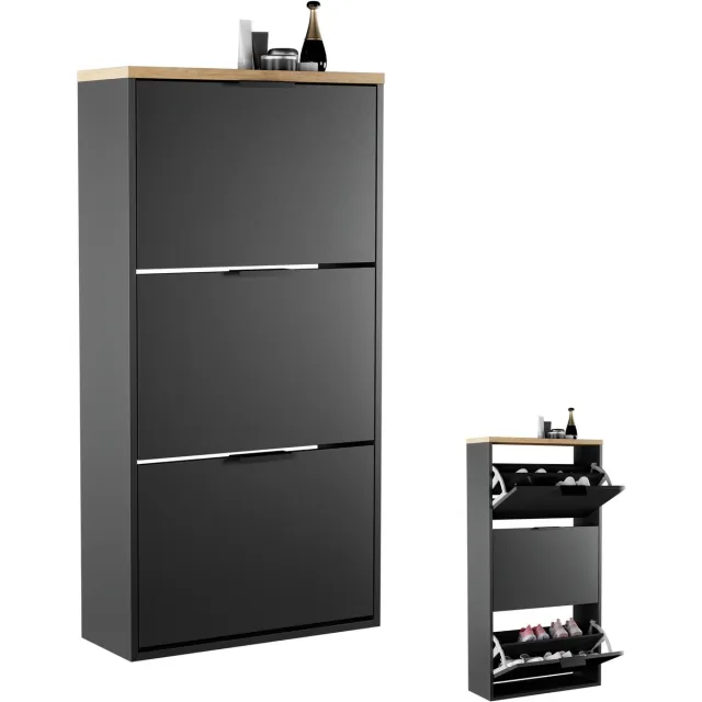 Planetmöbel STIVIO - Schoenenkast 60 cm - Zwart en goud eiken - Met 3 kleppen - Slechts 23 cm diep Zwart / Goud eiken