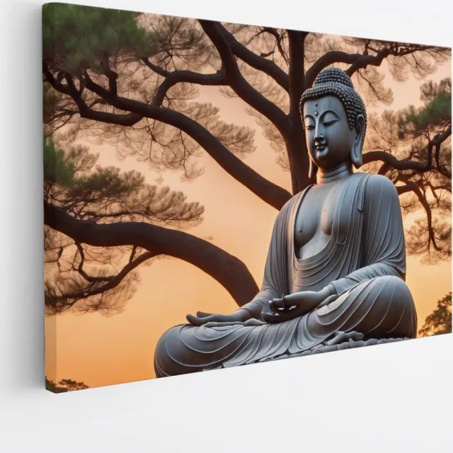 Saammp Canvas Schilderij - Boeddha Naast Boom - 40x30 - Foto op canvas - Wanddecoratie - Muurdecoratie Woonkamer - Canvas schilderijen Multicolor