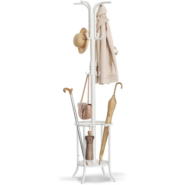 Famanu Kapstok met paraplubak, 12 haken, van metaal, hoogte 175,5 cm, ideaal voor hal en entree Zwart