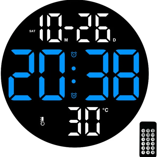 MODFU Digitale Wandklok met Alarm – Groot LED Display, Tijd & Datum, Temperatuurweergave, Stille Werking, USB-voeding, Afstandsbediening, 23x23x3.3 cm, Blauw, voor Slaapkamer & Woonkamer Zwart