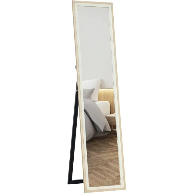 Archi Passpiegel 157 x 37 cm – Spiegel - Staande Spiegel – Vloerspiegel met Standaard – Wandspiegel – MDF Frame – Licht Hout & Wit