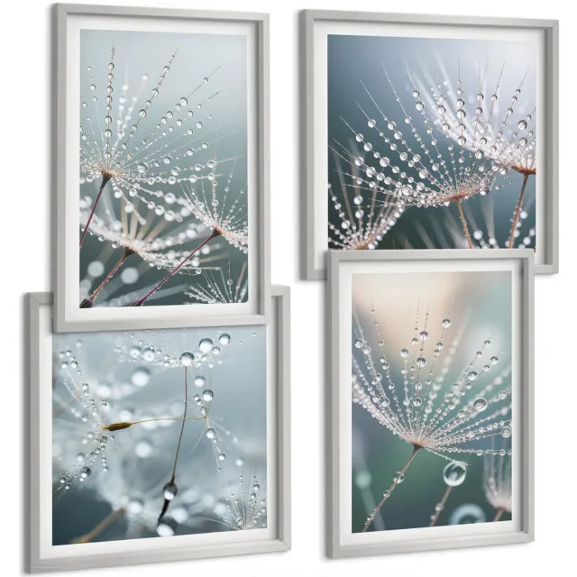 TULUP 4-Delige Schilderij Set - Waterdruppels op de tere scheuten van paardenbloemen - 40 x 40 cm en 40 x 60 cm - Moderne Wanddecoratie - Slaapkamer - Decoratieve Schilderijen Zilveren lijst