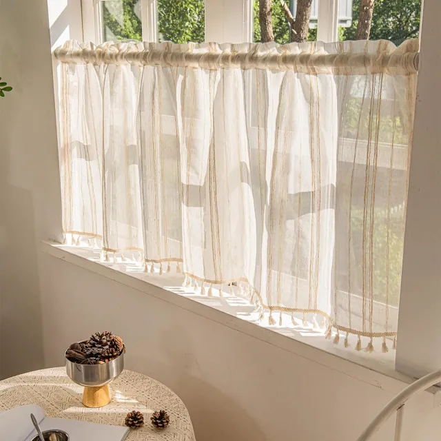 Ibenzoa Gezellige Korte Vitrage Gordijnen met Kwastjes voor Keuken en Landhuisstijl, 46 x 100 cm beige