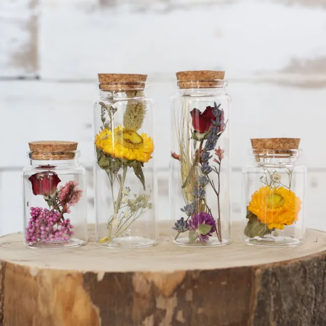 comforder Droogbloemen in Glas - Gedroogde Bloemen Boeket met Vaas - Set van 4 - Inclusief Vaas - In Fles divers gekleurde droogbloemen
