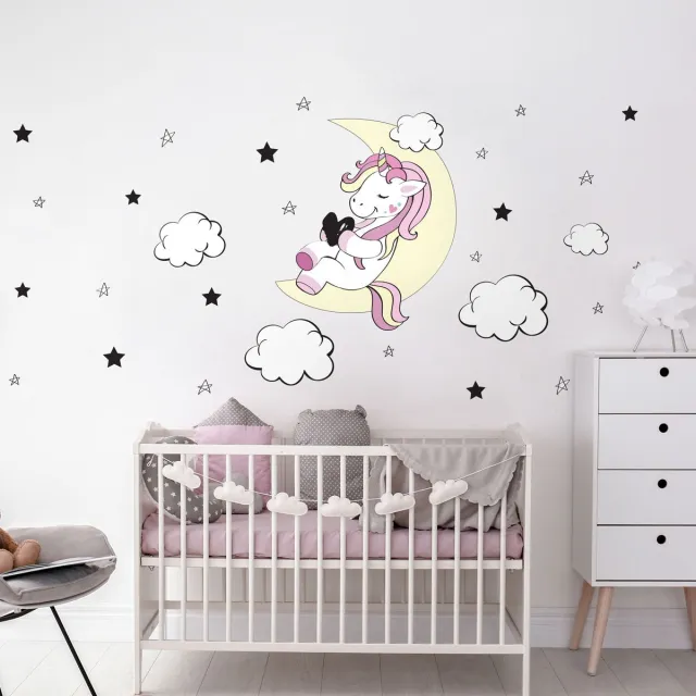 Ambiance Sticker Muurstickers - Eenhoornvriend van de Maan en de Sterren - Zelfklevende stickers - 135x90cm Multi color
