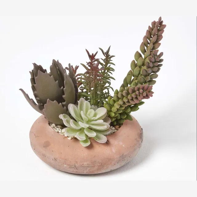 Homescapes Kunstmatig vetplantenarrangement in terracotta pot, 15 cm hoog Groen-Rood