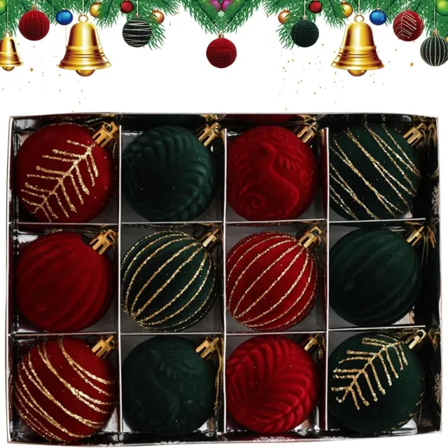 Mrilary 12 stuks Grote Fluweel Kerstballen Ornamenten, 7CM Flocked Kerstboom Ornament, Breekvrije Hangende Xmas Ballen, 2026 Xmas Boom Thuisdecoraties Groen