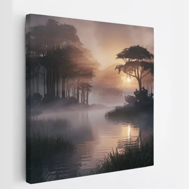 Saammp Canvas Schilderij - Water - mistig Landschap - Natuur - 60x60 - Foto op canvas - Wanddecoratie - Muurdecoratie Woonkamer - Slaapkamer decoratie - Canvas Print Multicolor