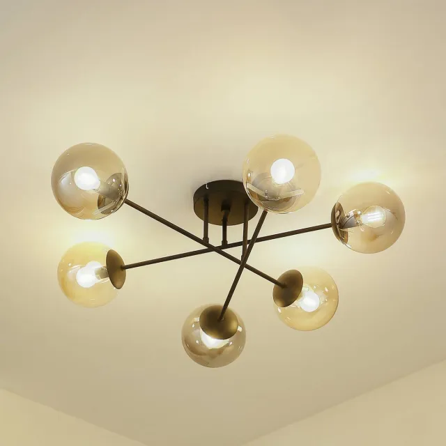 Lindby plafondlamp - 6lichts - Ijzer, glas - H: 28 cm - E14 - zwart, rookgrijs