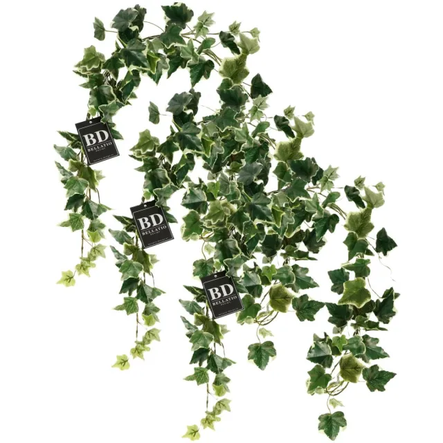Bellatio Design kunstplant/hangplant slinger - 3x - Klimop/hedera - groen/wit - 180 cm - lang - planten guirlandes