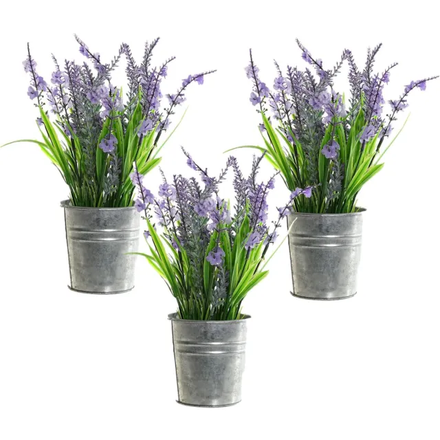 Item International 3x stuks lavendel kunstplanten/kamerplanten paars in grijze sierpot H28 cm x D18 cm - Kunstplanten/nepplanten
