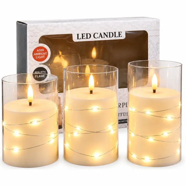 SWGOTA led kaarsen, set van 3, oplaadbaar, met vlakke rand en lichtsnoer, warm vlameffect, in vensterdoos Crème