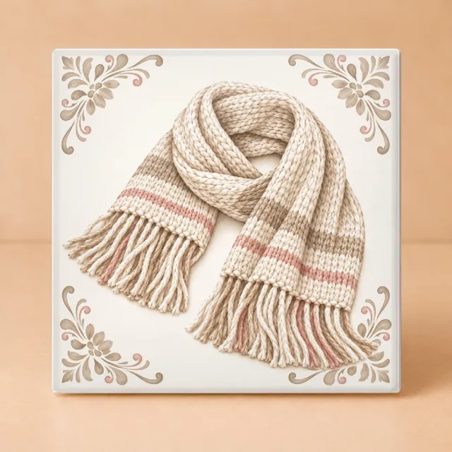 Bedruk King Sfeervolle Gebreide Sjaal Tegel – Decoratieve Keramieken Tegel met Wintersfeer voor Breiers en Liefhebbers van Gezelligheid - 11 x 11 cm Wit