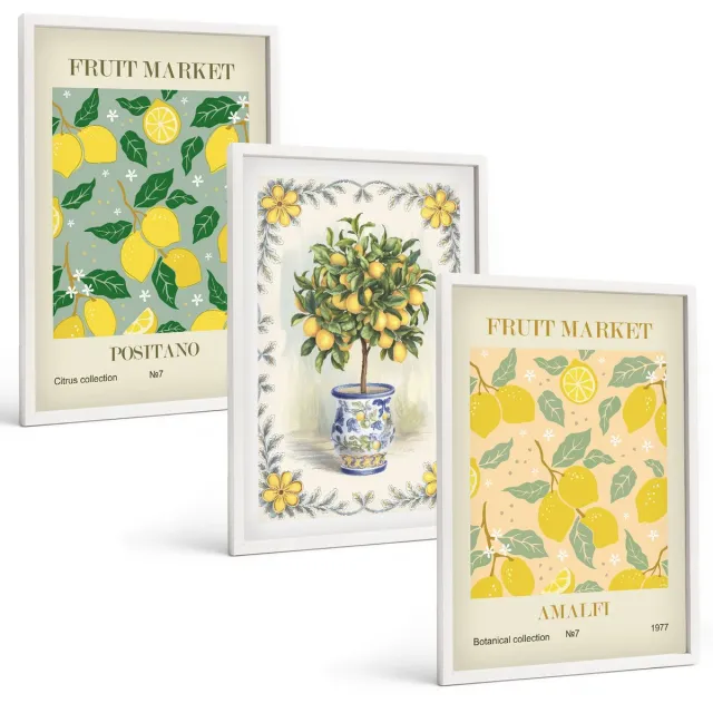 TULUP 3-Delige Schilderij Set - Italiaanse posters met citrusbomen en fruit - 40x60 - Muurdecoratie - Wanddecoratie - Slaapkamer Witte lijst